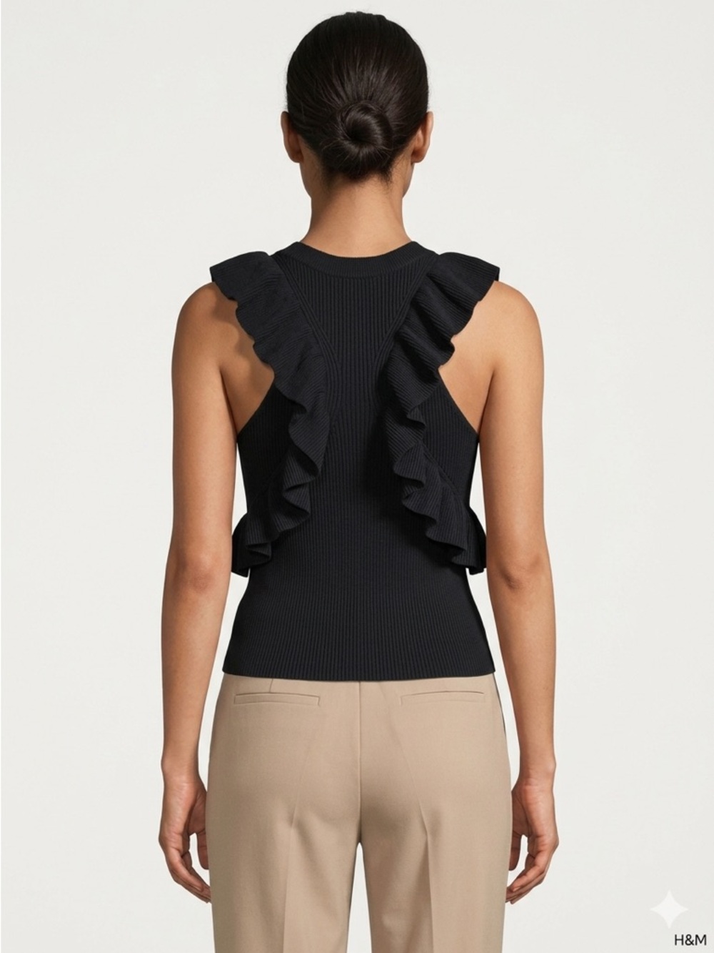 H&M Hennes Everyday Coll. Black Ribbed Racerback Ruffle Tank Top - Size XS - EUC